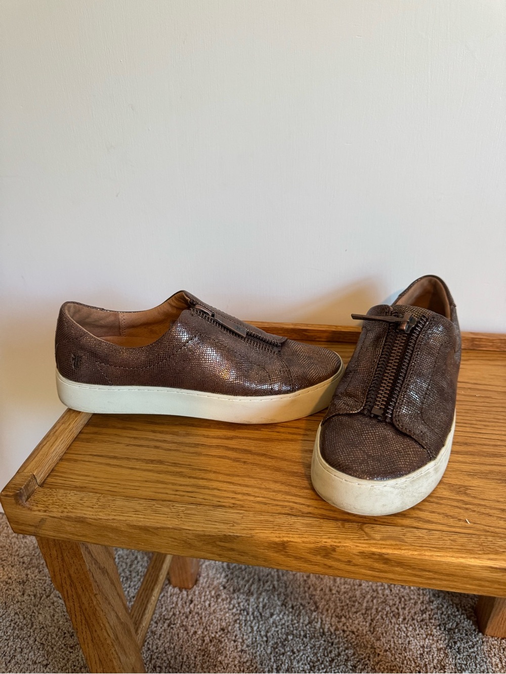 Frye Brown Metallic Slip-On Sneakers with Front Zipper